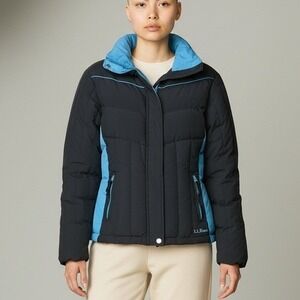 Vintage L.L. Bean Women's Down Ski Puffer Jacket Black Turquoise Trim‎ Sz S